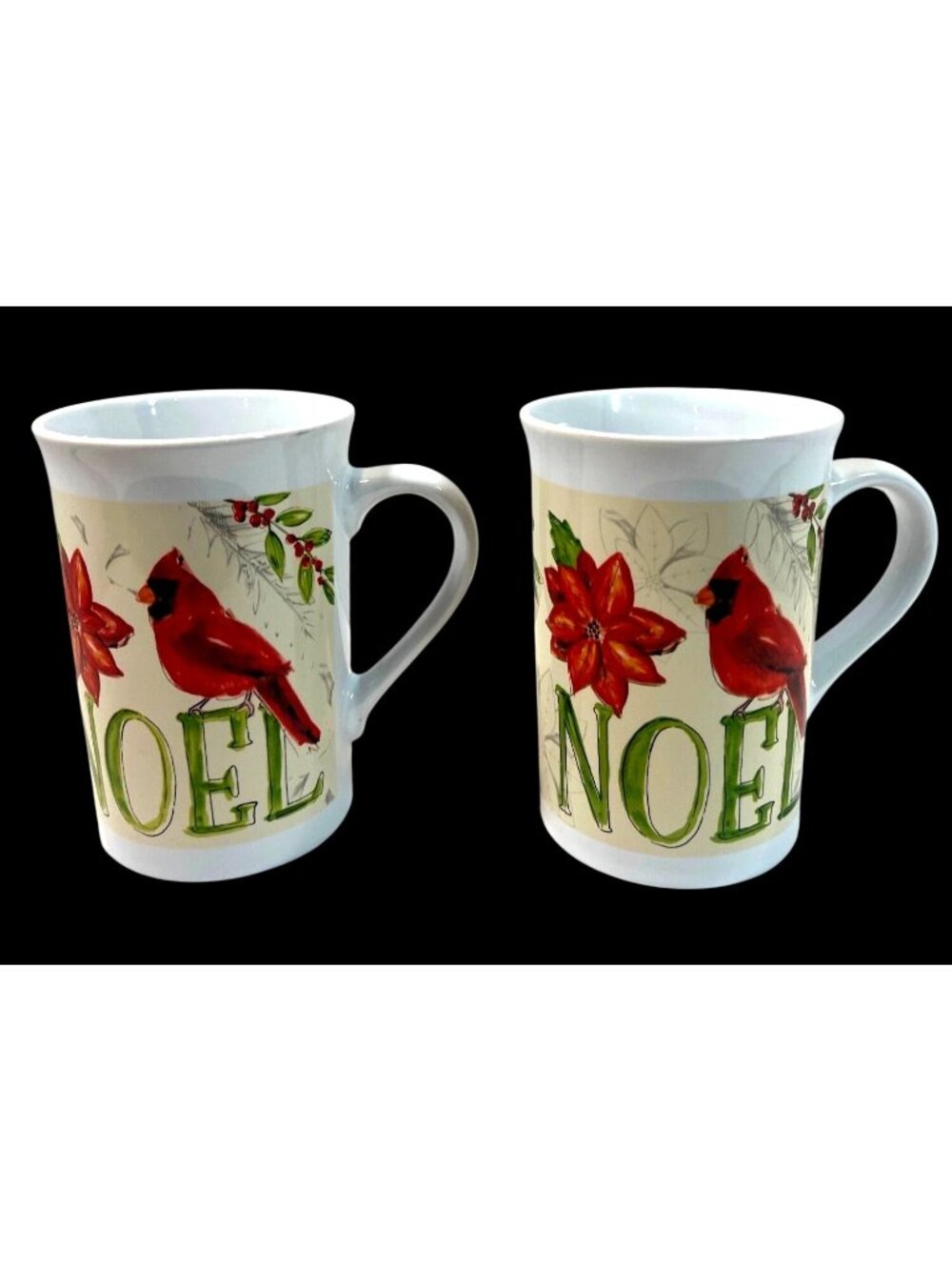 Set Of 2 Royal Norfolk Noel Christmas Mugs With Cardinal & Poinsettia Design